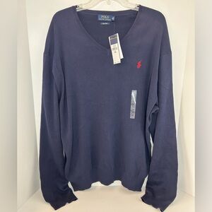 NWT Polo Ralph Lauren men’s navy blue‎ vneck Pima Cotton sweater size XXL